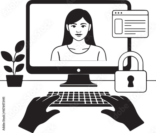 Computer security icon with hand clicking silhouette isolated on transparent background