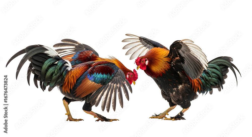 Fototapeta premium Two roosters facing off in a fierce cockfight with colorful plumage