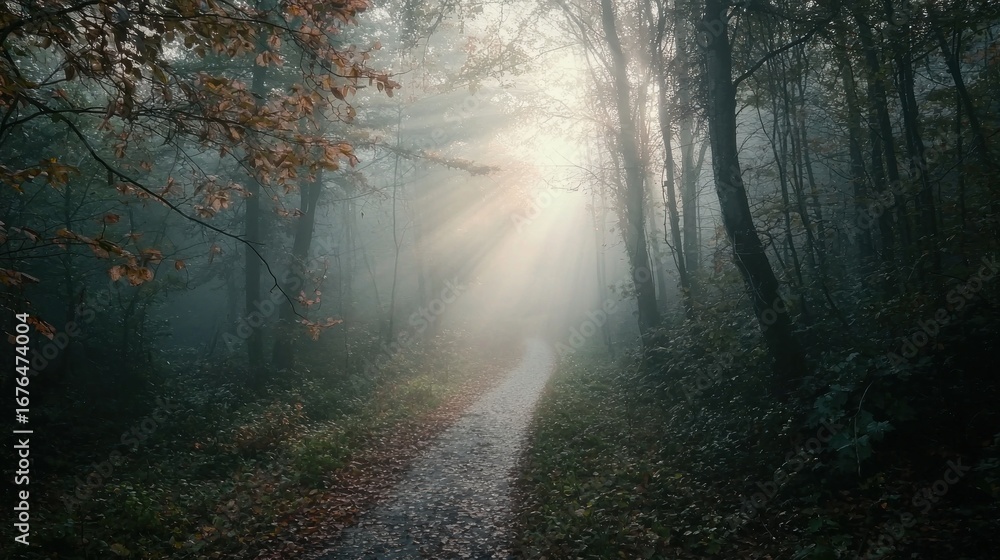 Obraz premium A mysterious foggy forest path creates an eerie and captivating enigma as sunlight barely pierces through dense branches and swirling mist