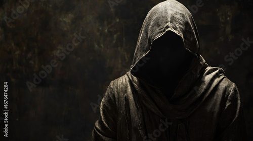 A person wearing a hooded cloak stands in shadowy lighting, their face partially obscured to create a sense of enigma and intrigue