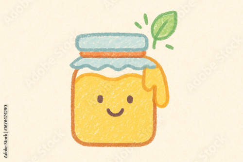 Crayon illustration of an eco-friendly glass jar of honey