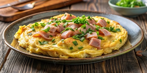 Fluffy scrambled egg and ham omelette on a ceramic plate with golden brown color and crispy edges
