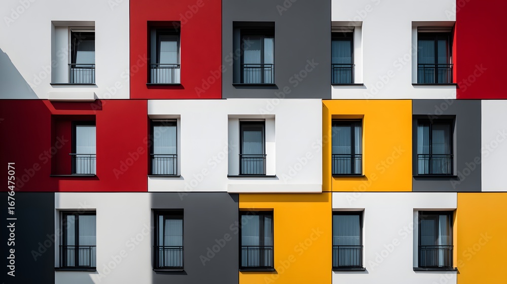 Fototapeta premium A geometrically arranged apartment building facade, showcasing vibrant color panels and numerous windows.
