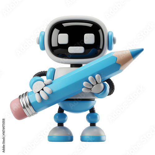 Cute robot cartoon character holding a pencil isolated on transparent background