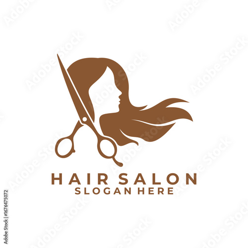 Hair salon logo design vector. Beauty women long hair with scissors