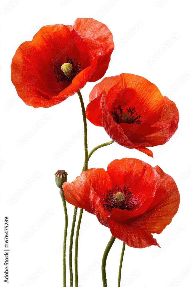 Obraz premium Three vibrant red poppies against white (2)