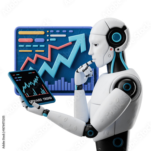 Robot analyzing data and market trends isolated on transparent background