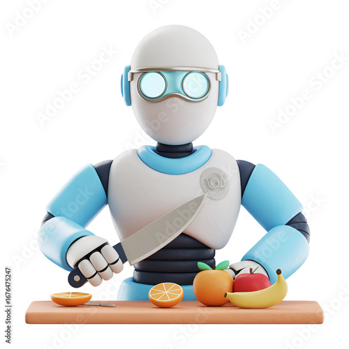Robot is cutting fruit on a wooden board, isolated on transparent background