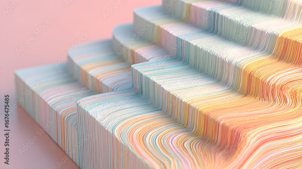 Fototapeta premium A multi-layered, colorful stair-like structure composed of thin, flowing lines, creating an abstract, vibrant design.