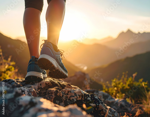 Hiking shoes on mountain top adventure at sunset outdoor active lifestyle