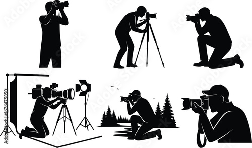 Photographer silhouette vector, studio setup, nature photography, tripod camera pose, professional photo shoot, candid moment, kneeling, standing, outdoor, indoor scene