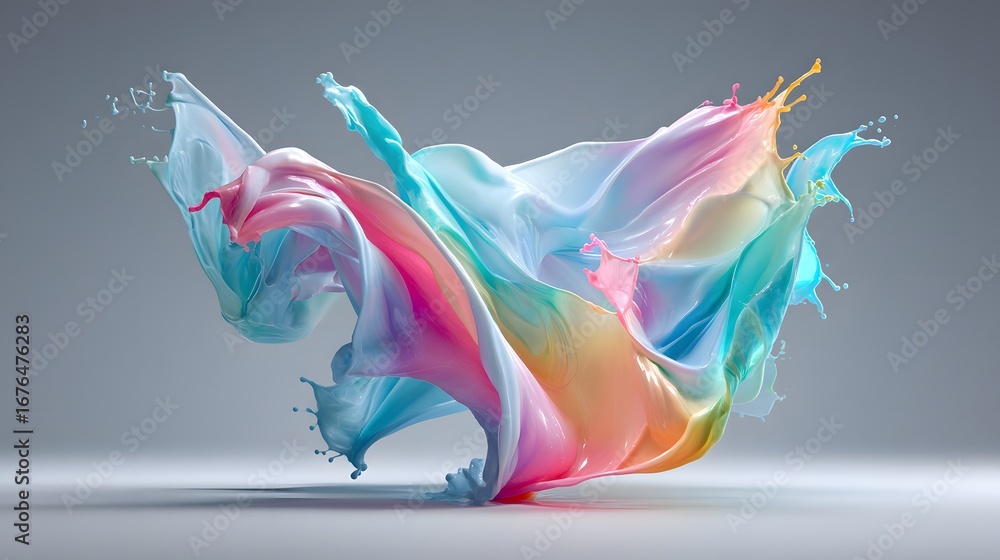 Obraz premium A vibrant, dynamic display of multicolored paint splashes, swirling into a dramatic, fluid form against a neutral backdrop.