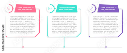 Three presentation rectangular elements placed in horizontal row. Concept of 3 steps of business development process. Simple infographic design template.