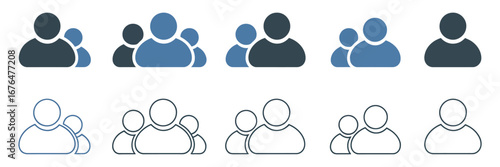 Set of people group icons in flat and line art design. Vector symbols representing users, team, community, and social network connections
