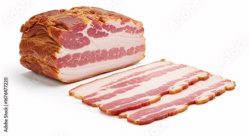 A square block of raw, uncured bacon with distinct layers of pink meat and white fat, topped with a piece of smoked rind.