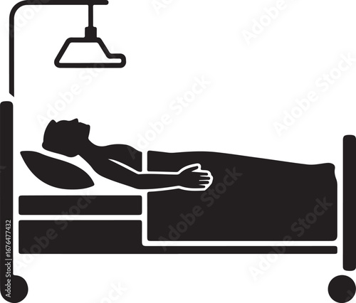 Hospital patient bed body position variations line art silhouette isolated on transparent background