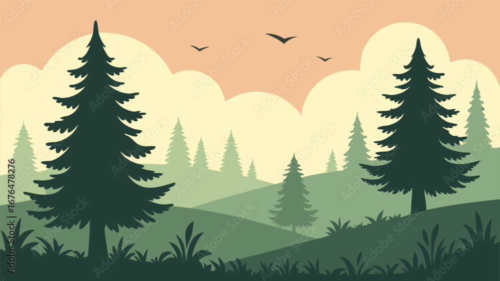 Obraz premium Evergreen trees dot rolling hills beneath a pale sky with birds in simple flat art