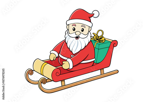  Santa Claus riding sleigh delivering Christmas gifts isolated on white background, Christmas vector illustration