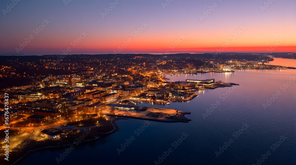 Fototapeta premium An aerial view of a city illuminated at dusk, showcasing a vibrant cityscape along a coastline.
