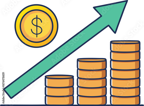 Financial growth concept with stacks of coins and an upward trending green arrow and a single coin with dollar sign EPS vector file download