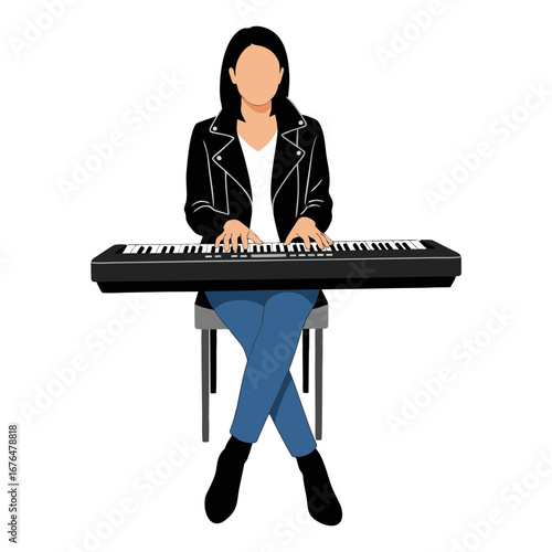 Vector illustration of a female musician wearing a leather jacket and jeans, sitting and playing the Keyboard. Plain white background.