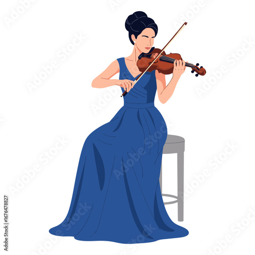 Vector illustration of a female musician wearing a formal dress, sitting and playing the violin. Plain white background.