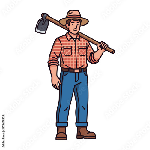 vector illustration of a male farmer wearing a straw hat, plaid shirt, jeans, and boots, holding a hoe on his shoulder.  Plain white background.