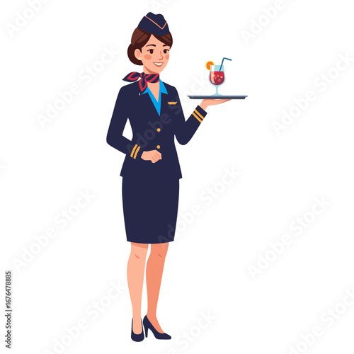 vector illustration of a female flight attendant wearing elegant uniform with scarf, skirt, and heels, holding a tray and smiling politely.  Plain white background.