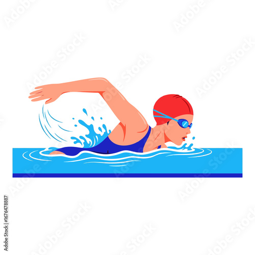 Vector illustration of a female swimmer practicing swimming in a blue swimsuit. Plain white background.