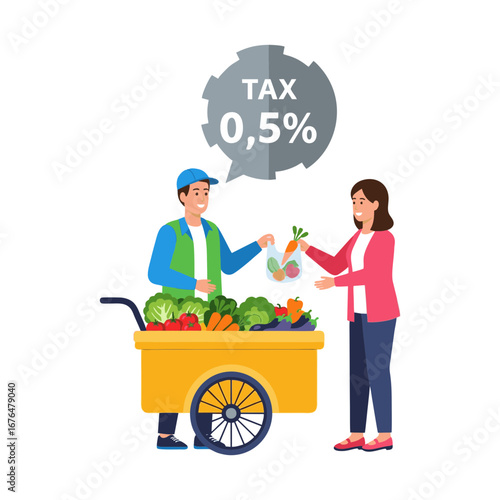 
Vector illustration of a street vendor selling vegetables using a pushcart with a percentage (Tax 0.5%) floating above it, infographic style. Plain white background.