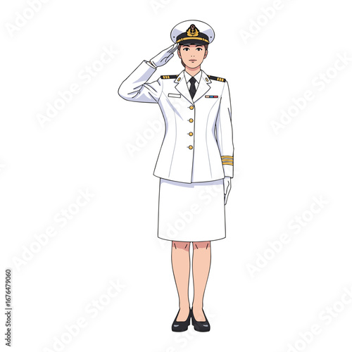 vector illustration of a female navy officer wearing white naval uniform with skirt option, cap, and gloves, saluting with discipline. Plain white background.