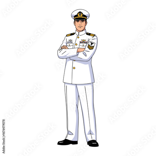 vector illustration of a male navy officer wearing white naval uniform with cap and badges, standing proudly with arms folded. Plain white background.