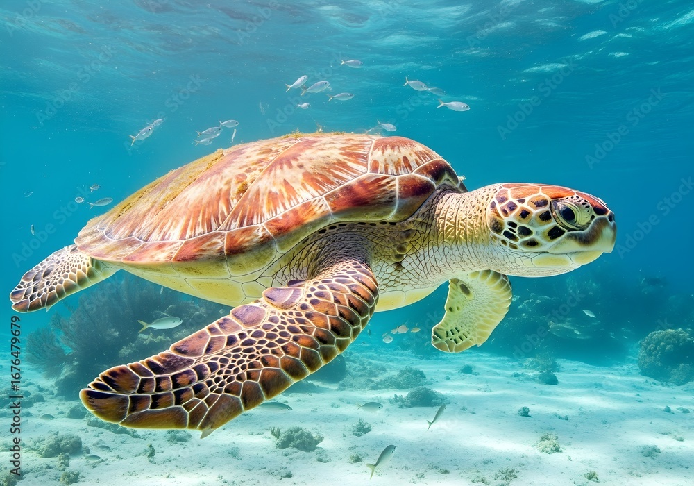 Fototapeta premium Sea Turtle Gliding Over Coral Reef