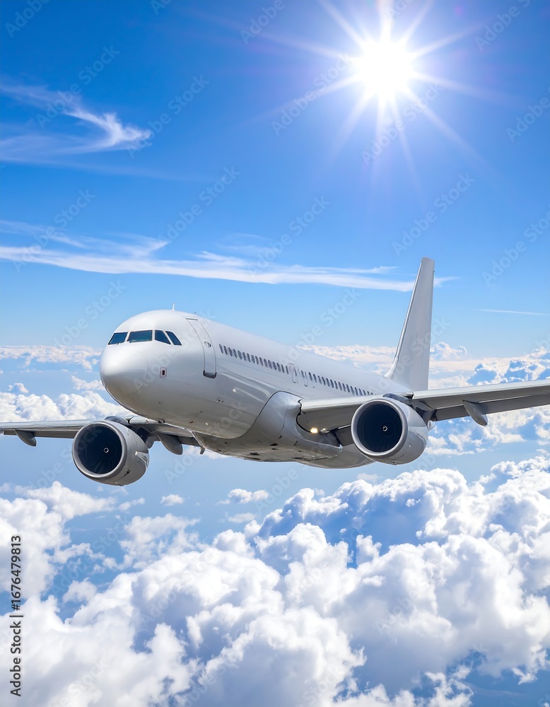 Obraz premium Airplane soaring through fluffy clouds on a bright day