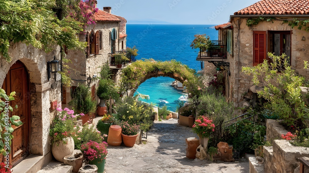 Fototapeta premium A picturesque coastal village street with charming stone buildings, vibrant flowers, and a beautiful view of the azure sea.