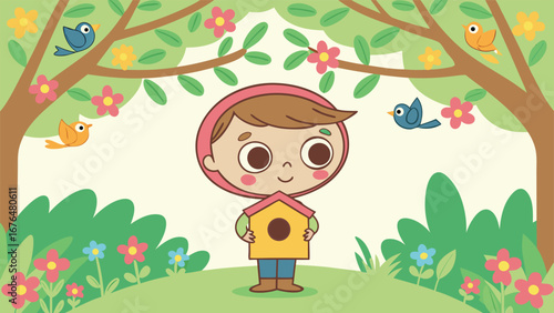Smiling cartoon child in bonnet holds a birdhouse surrounded by trees and flowers