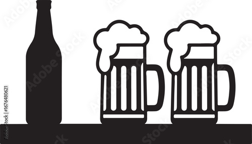 Stylized black and white line art beer bottle silhouette isolated on transparent background
