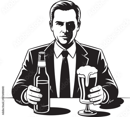Stylized black and white line art silhouette of a man with a beer bottle isolated on transparent background