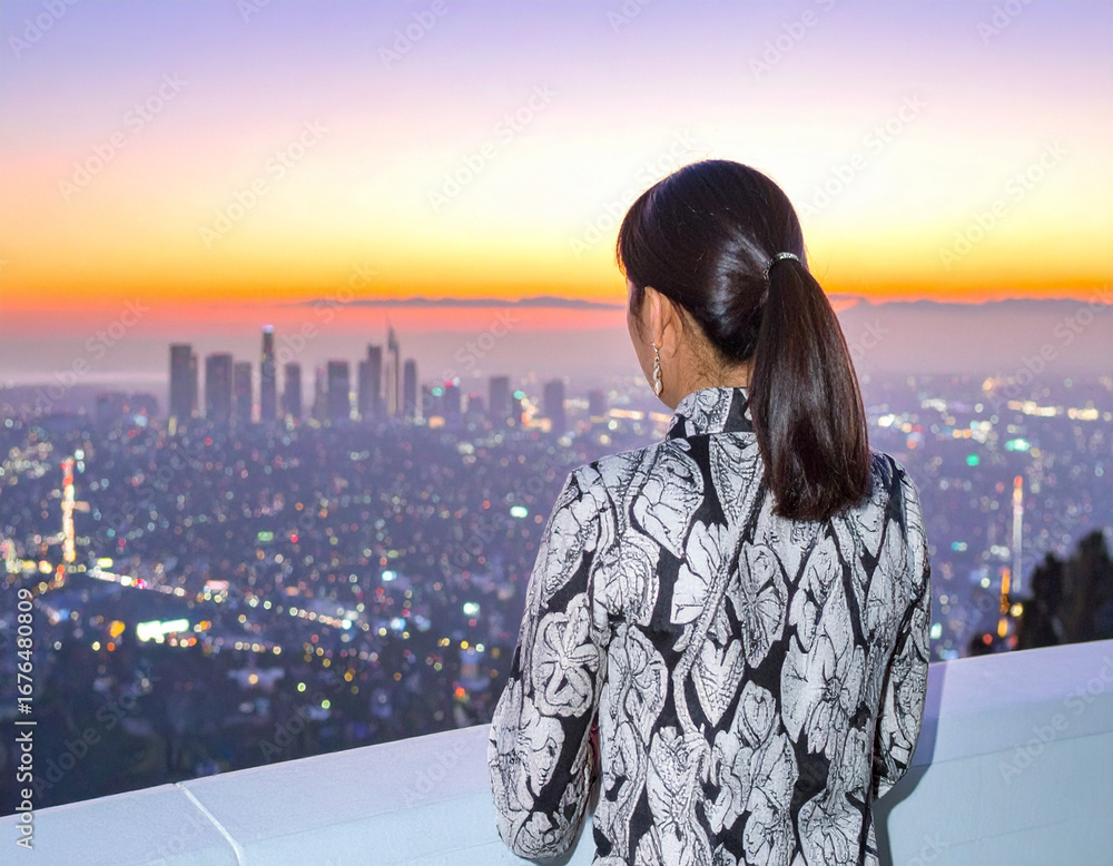 Obraz premium Successful Businesswoman Looking at a City Skyline at Sunset