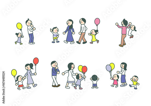 親子や家族が風船を持って歩く楽しいフラットイラストセット（ベクター）