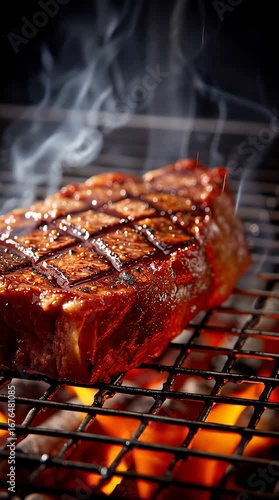 Smoke rising from sizzling grilled meat – juicy cuts on open flame, intense heat and flavor capture, perfect for BBQ branding, food ads, and culinary storytelling