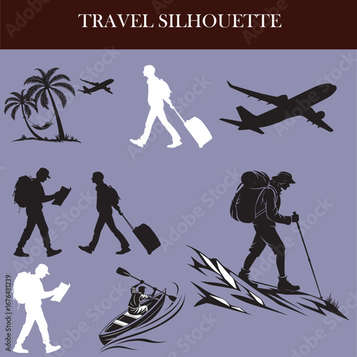 Silhouettes of travelers engaging in activities | editable eps