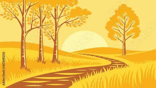 Golden pathway winds through autumnal landscape during sunset with trees and fields of grass