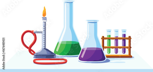 Laboratory equipment including a Bunsen burner flasks with colored liquids and test tubes science chemistry EPS vector file download