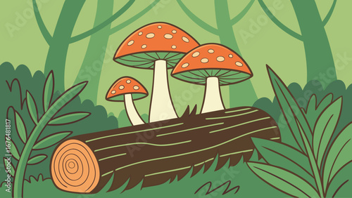 Illustrated spotted mushrooms grow upon a log within a forest scene