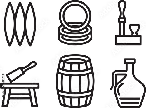 Cooper Craft Icon Collection Barrel Assembly Staves, Rings, Tools, Distiller Jug, Wooden Bench, and Workshop Process Symbols