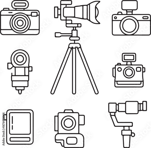 Creative Photography Vector Icons Action Camera, Tripod, Wide-Angle Lens, Light Meter, Polaroid Camera, Memory Card, Gimbal, and Studio Accessories Collection