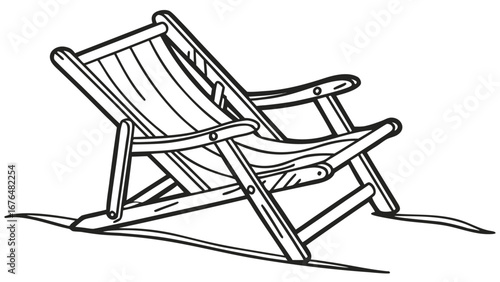 Black and white line drawing of a wooden deck chair on a white background lounge chair beach chair