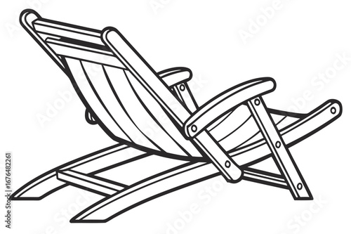 Black and white line drawing of a wooden deck chair on a white background lounge chair beach chair