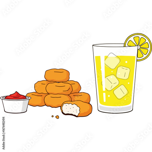 Party Snack Combo: Chunky Nuggets, Ketchup Dip, and Ice-Cream Lemonade—Brand-Vector for use in game/movie night promos, loyalty program creatives, YouTube thumbnails, and in-app notifications.